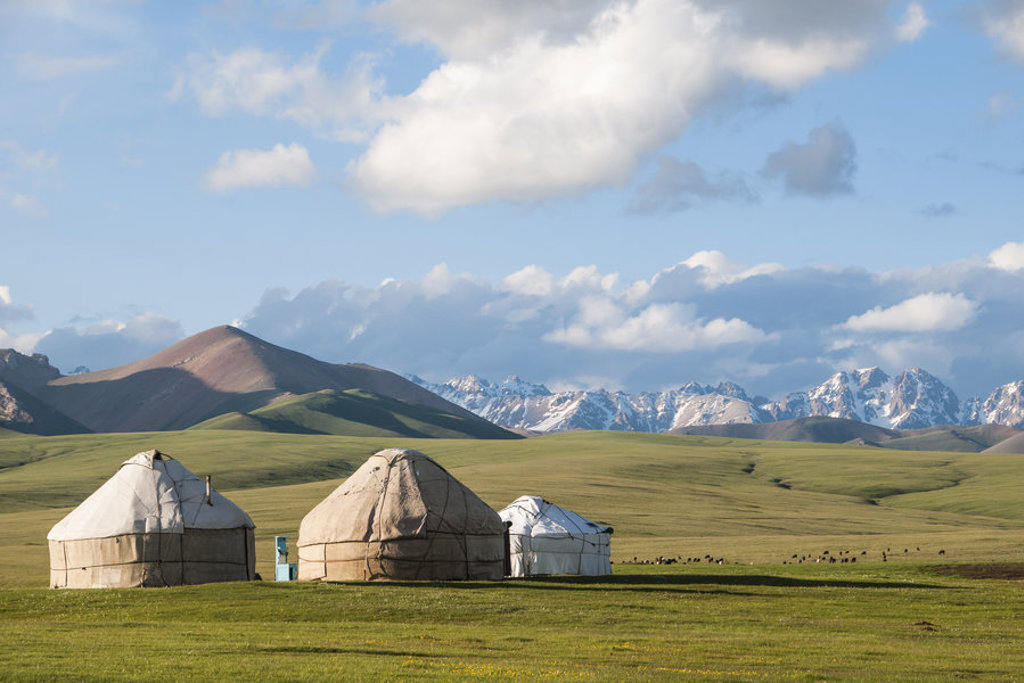 Yurts op een groene steppe met besneeuwde bergen op de achtergrond, tijdens groepsrondreis Zijderoute.