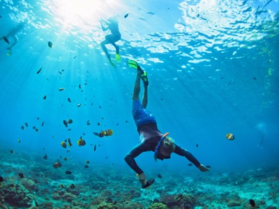 Snorkelaars bij Tabuhan eiland boven het koraalrif, omringd door tropische vissen.